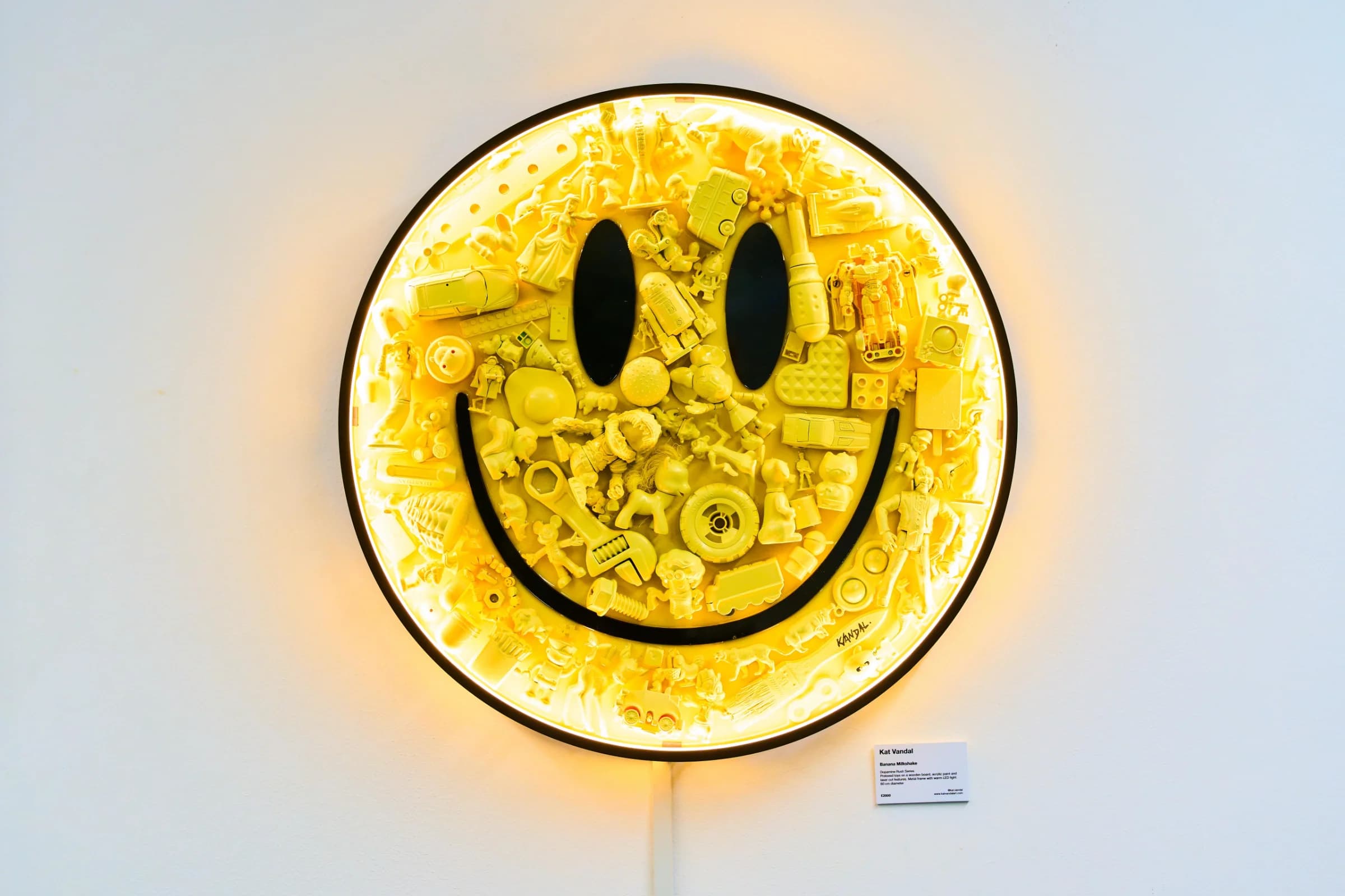 Circular artwork featuring preserved preloved toys and a foil banana balloon under glossy resin on a laser-cut acrylic.