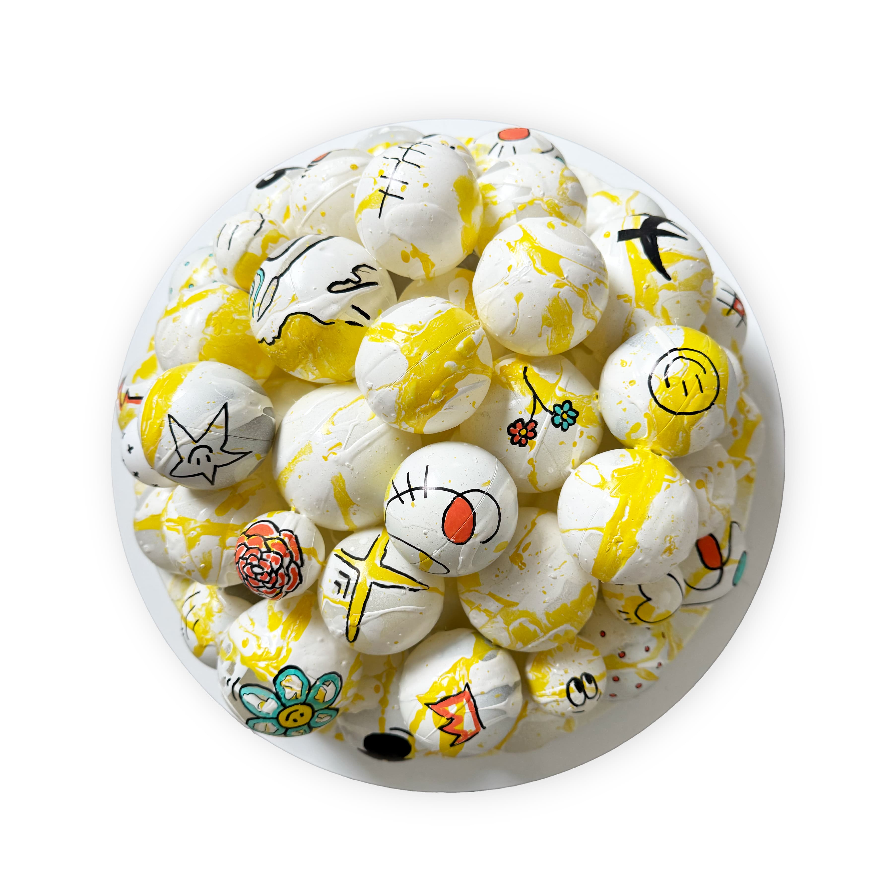 LED wall light covered in recycled colorful ball-pit balls and acrylic paint, round 35cm diameter display.