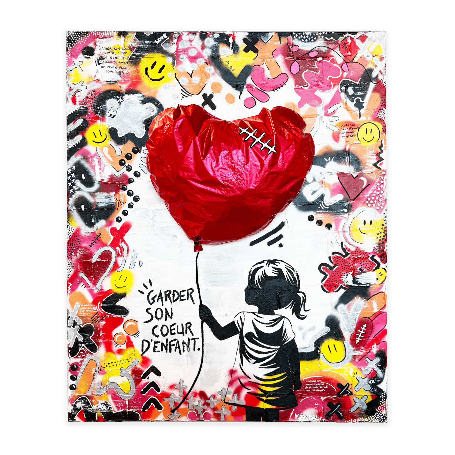 Shiny heart-shaped foil balloon with painterly silver and pink hues, mounted on stretched canvas.