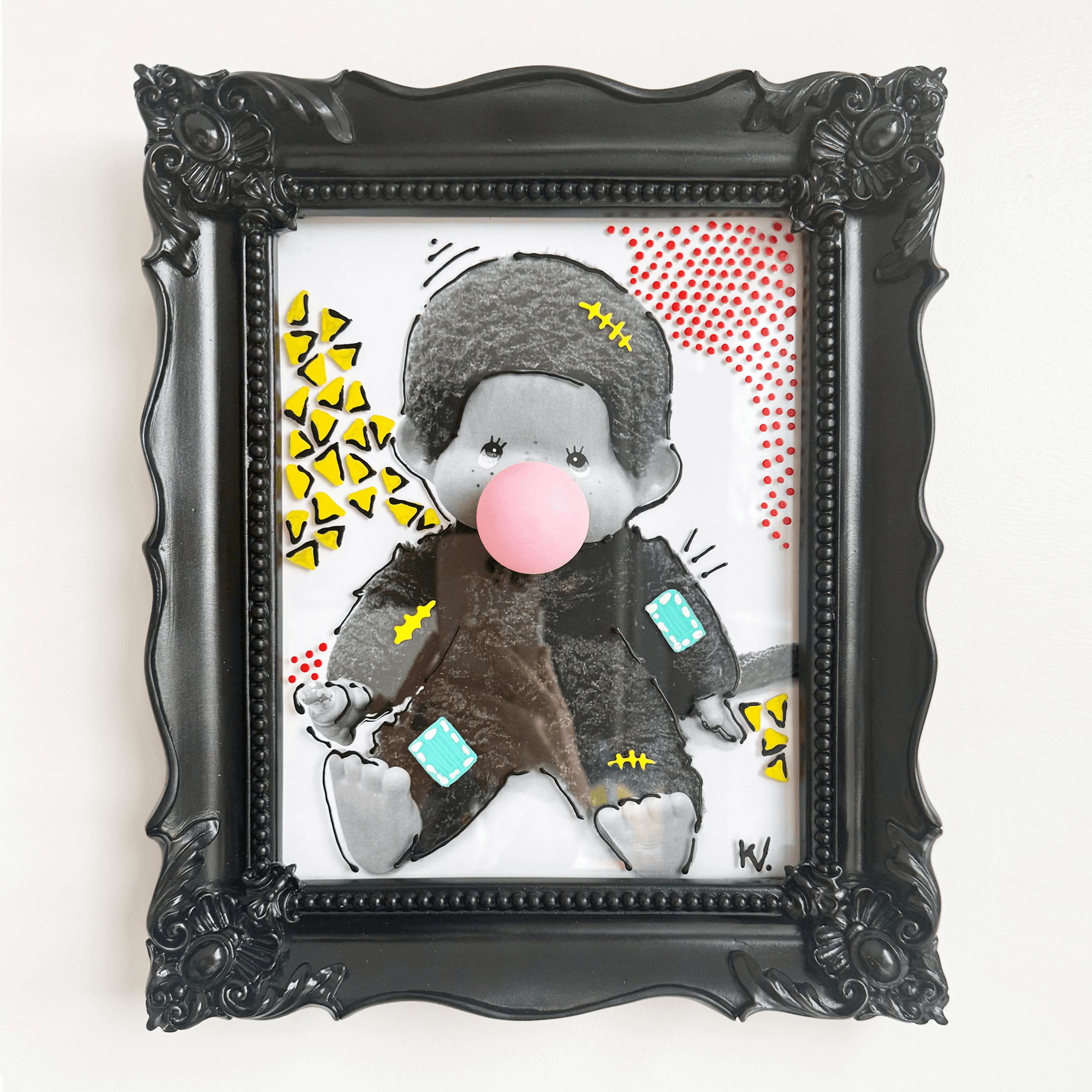 Frontal view of a 2026 embellished print titled Don't Burst My Bubble - Monchhichi in an ornate frame, painted glass.