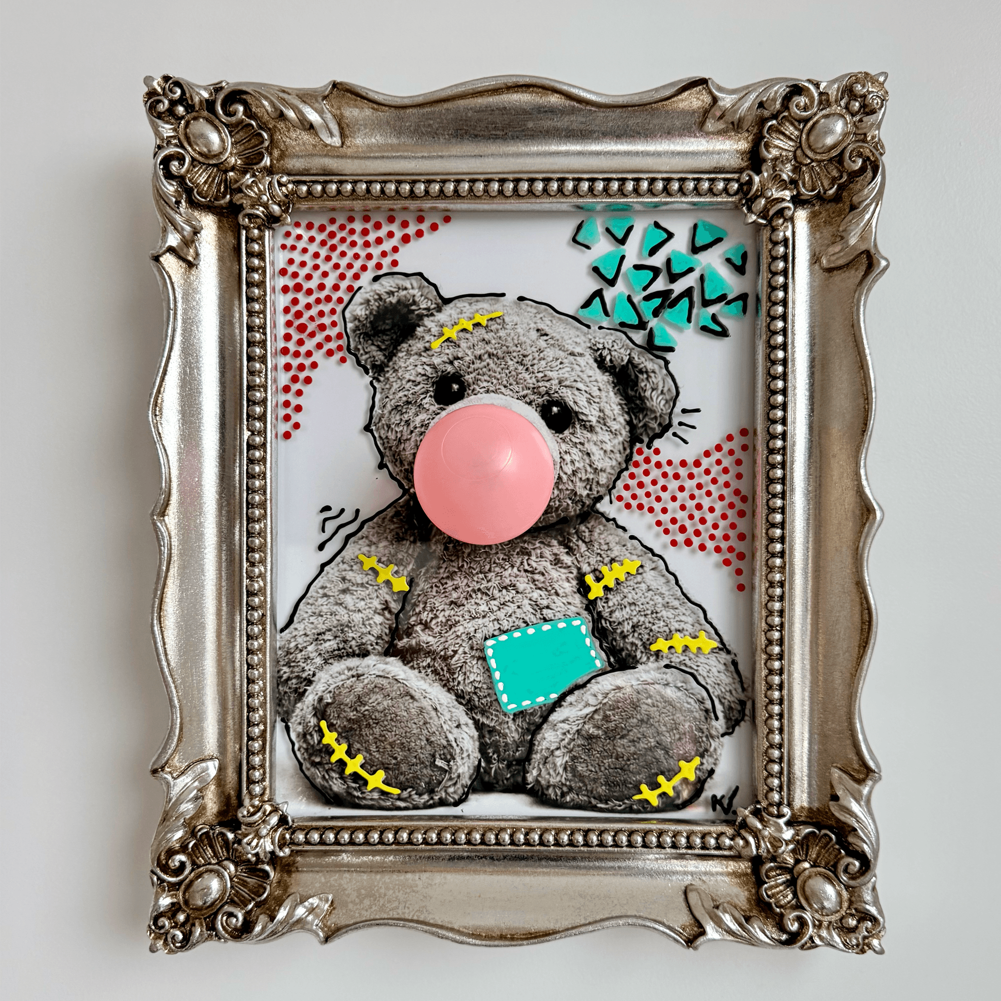 Frontal view of a 10×8in embellished print of a teddy bear with hand-painted glass and ornate frame.