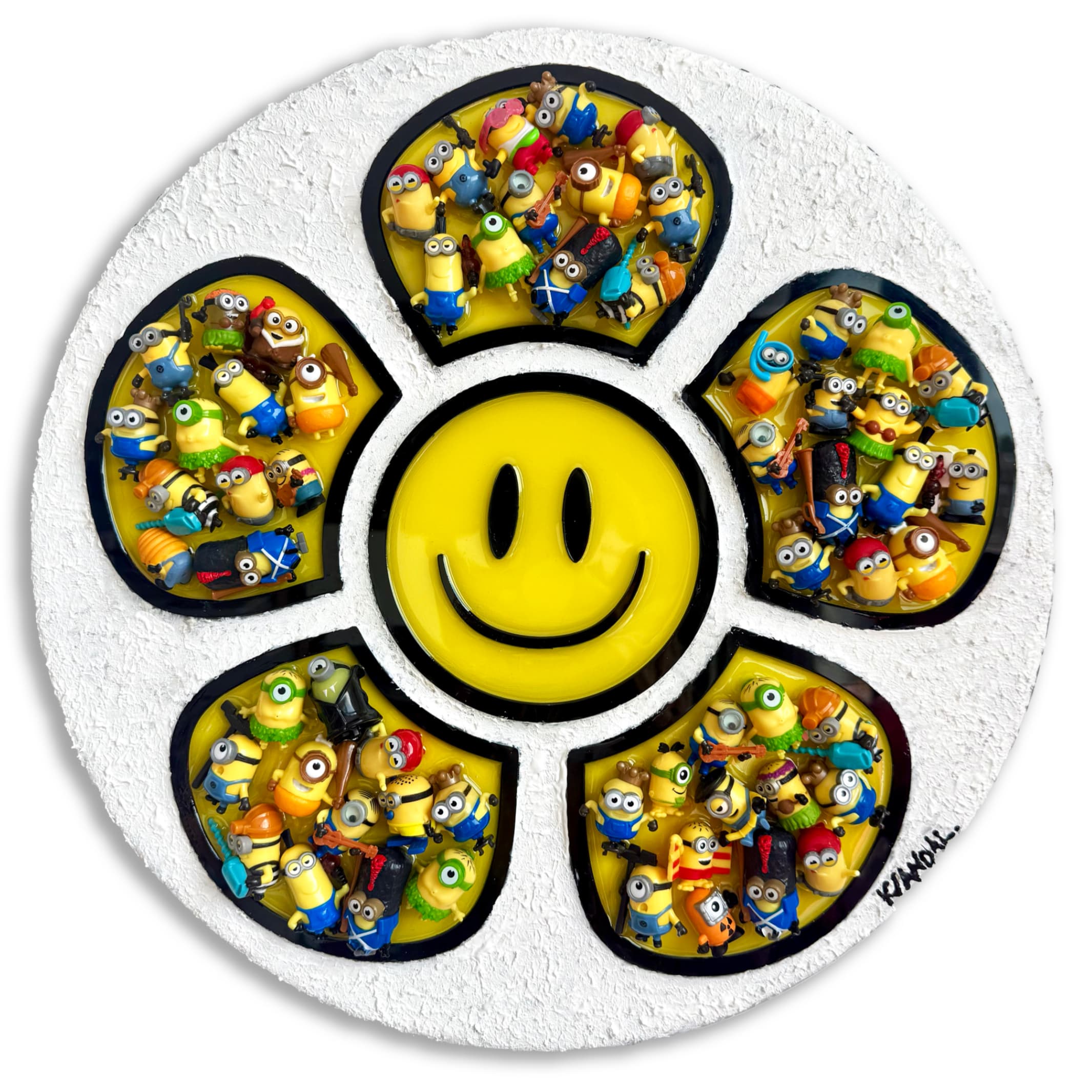 Circular assemblage of recycled Minion toys and acrylic details mounted on a 40cm wooden board, front view.