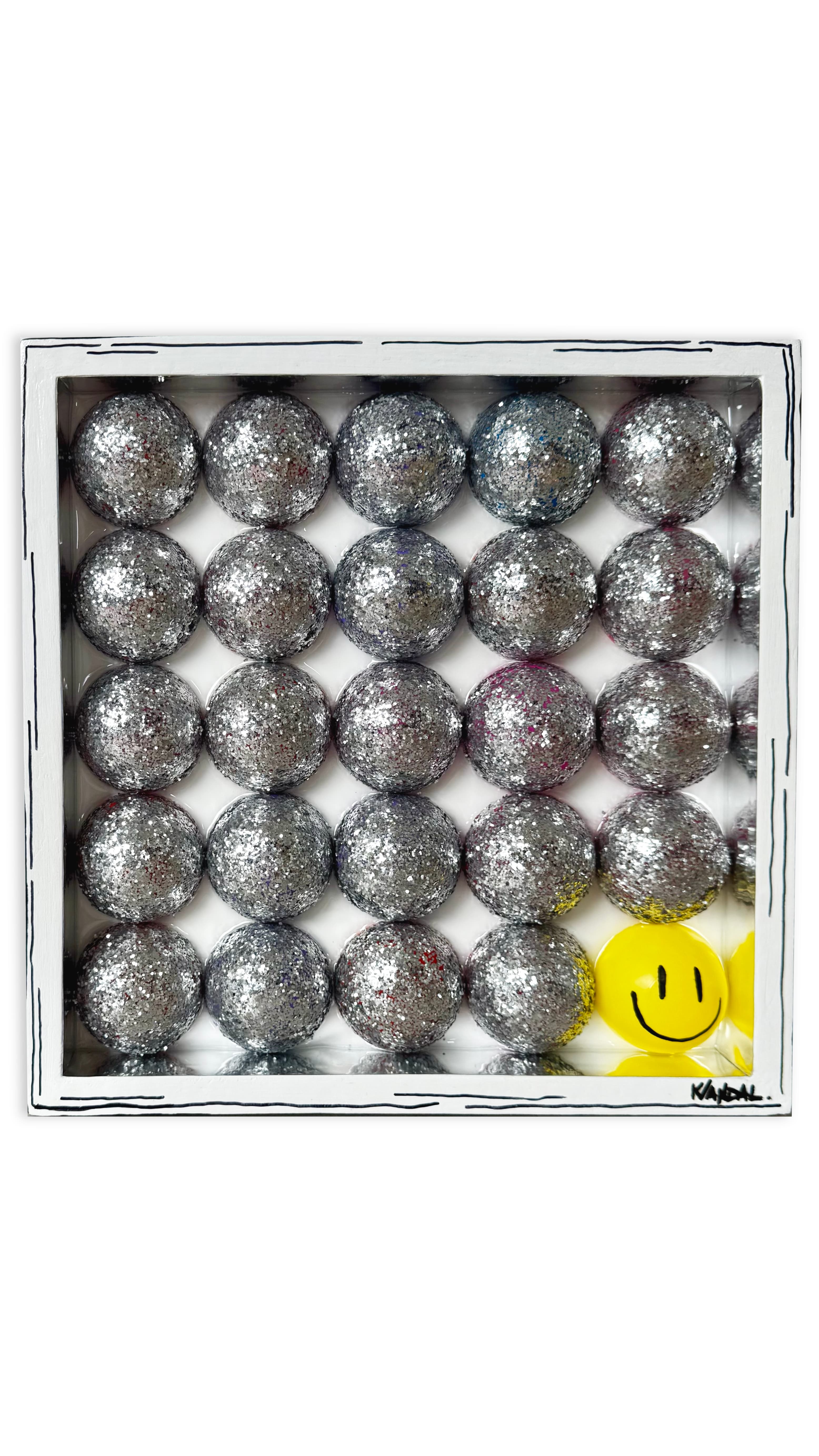 Square mixed-media panel of glittered ball-pit spheres and resin forming a shimmering disco motif on a 30cm wooden board.