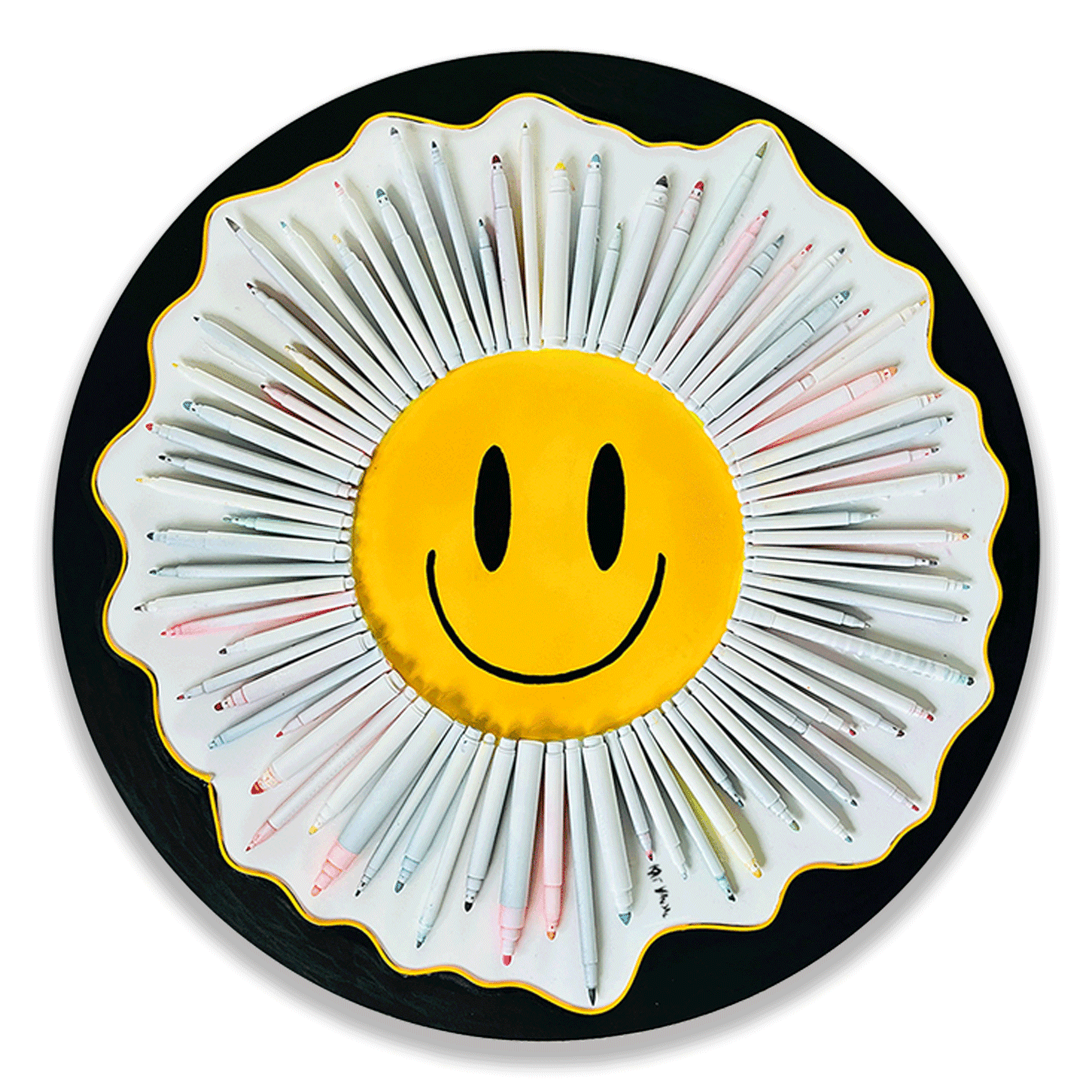 Circular canvas with clustered recycled pens painted as smiley faces, neon strip accent and acrylic background.