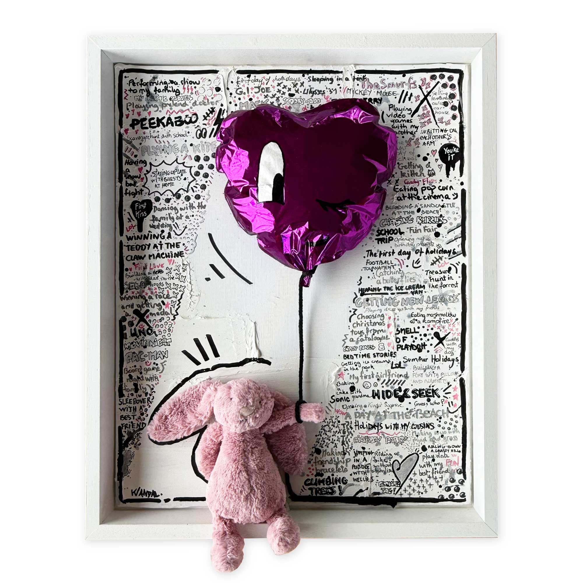 Rectangular resin panel densely filled with handwritten childhood memories and a cluster of pink Jellycat teddies.