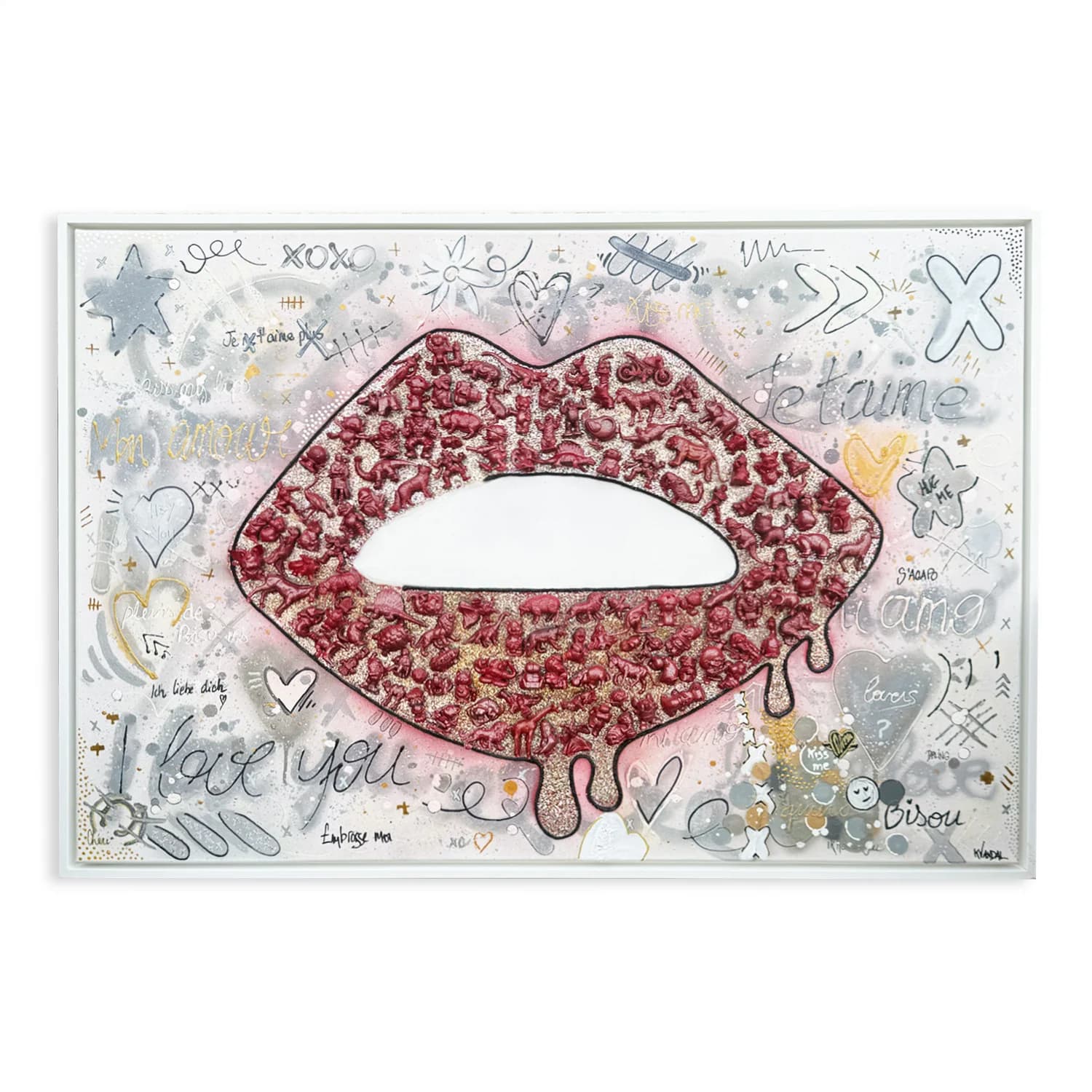 A glossy resin collage of glittered, recycled toy figures and foil balloons on painted canvas titled Kiss and Play.