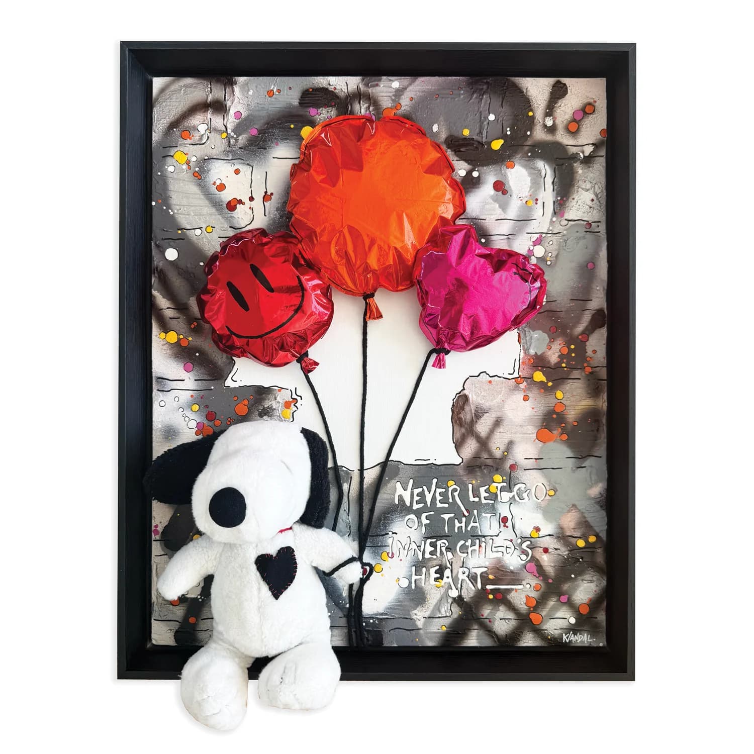 Front view of a framed mixed-media work showing a preserved Snoopy plush tethered to a silver foil balloon against a.