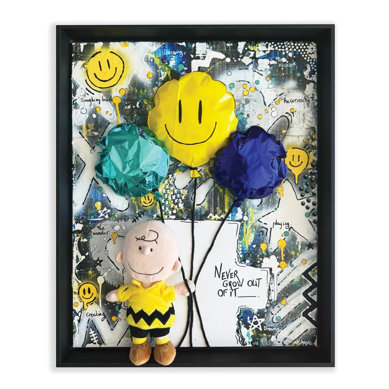Front-view artwork showing a preserved Charlie Brownplus toy and foil balloon on painted canvas board, framed.