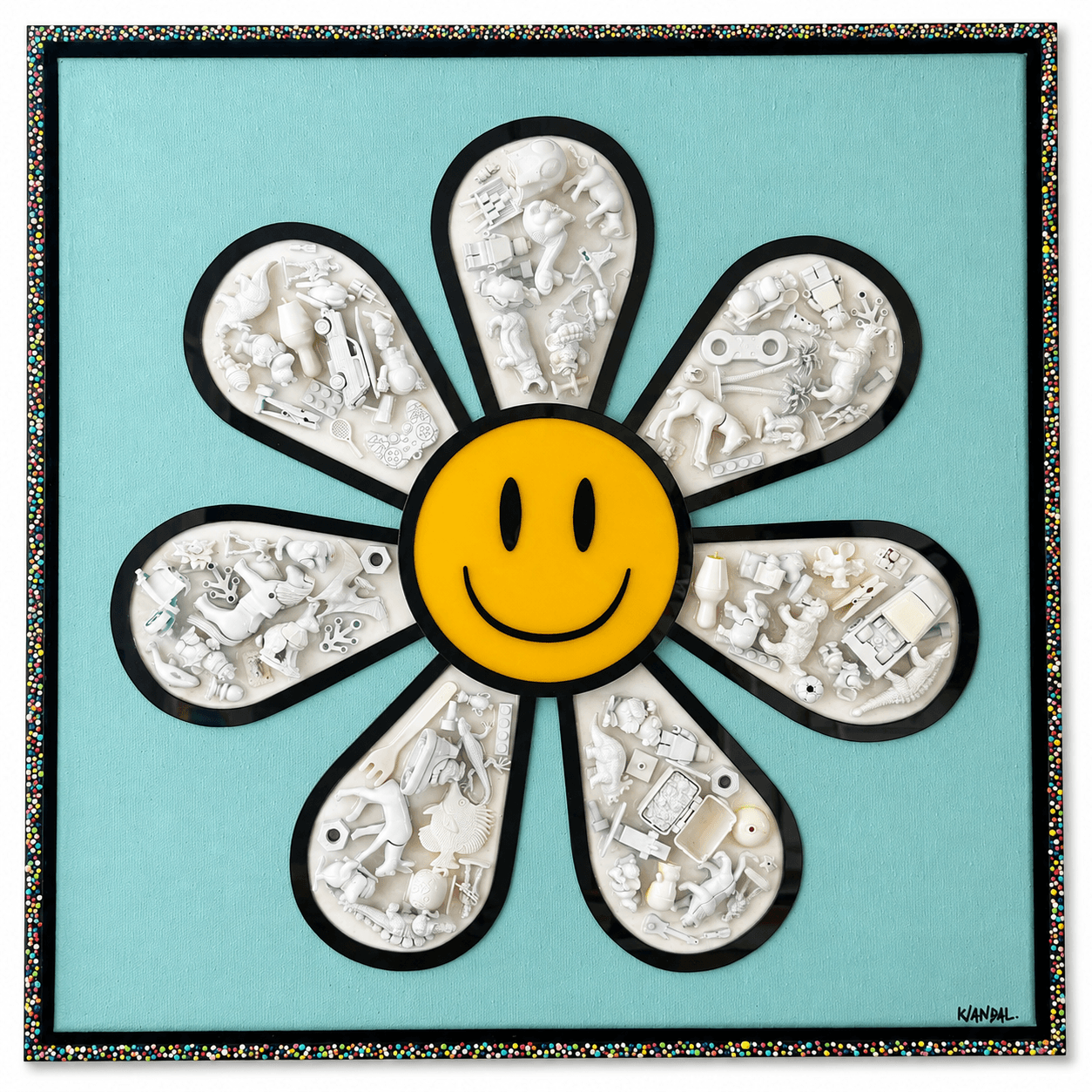 Front view of "Sugar Rush" 2026: a 60×60cm white-on-white floral panel of recycled toys in resin with dotted.