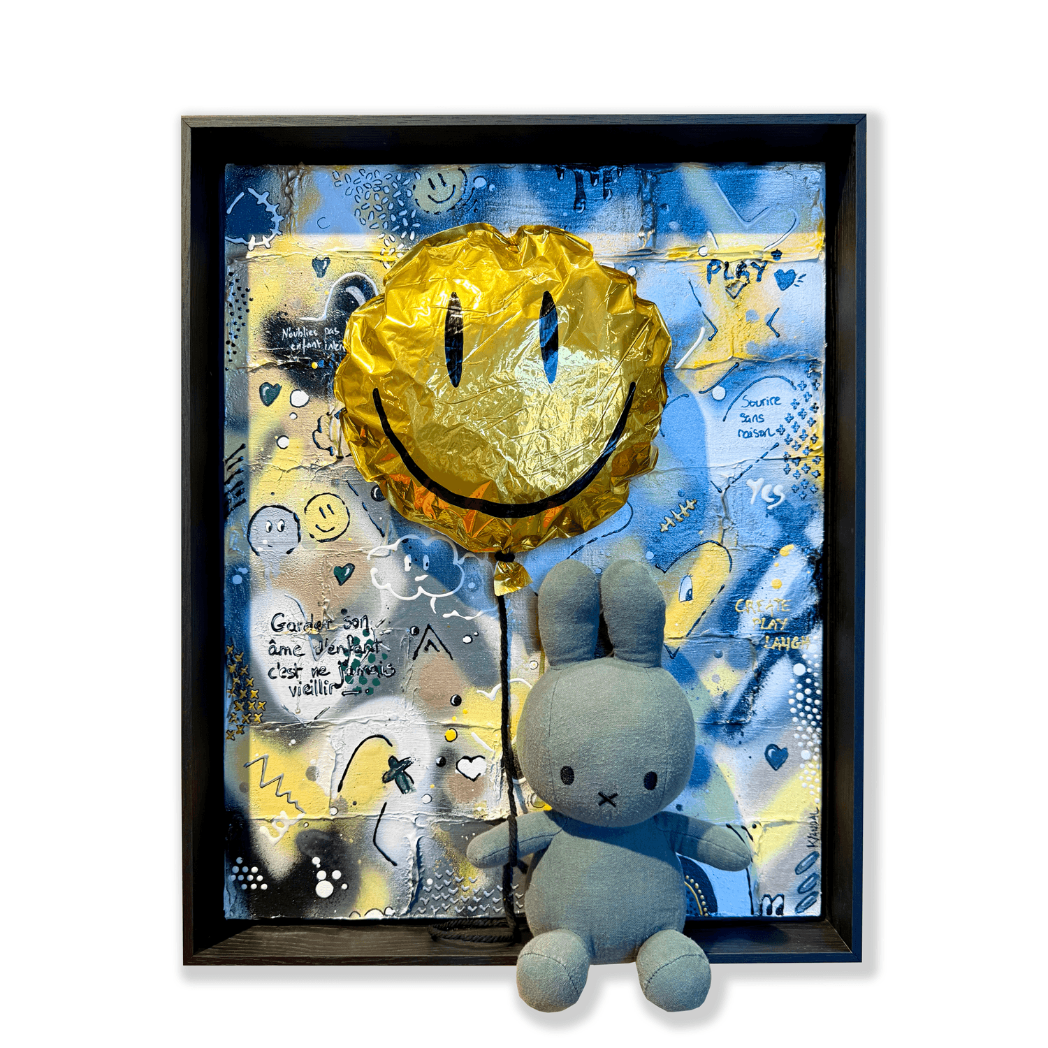 A preserved preloved Miffy bunny and silver foil balloon embedded in resin on acrylic-painted canvas board.